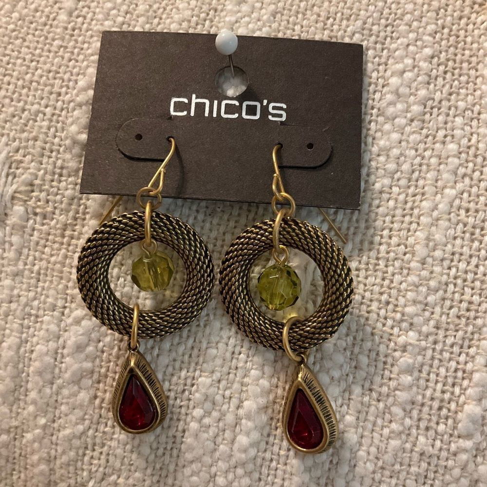 0208-Chico's‎ Gold and Red Dangle Earrings